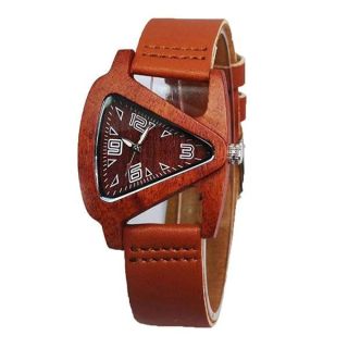 HJIAN Wood Watches Triangle Red Wooden Watches with Leather Band Quartz Wrist Watch Bracelet for Women