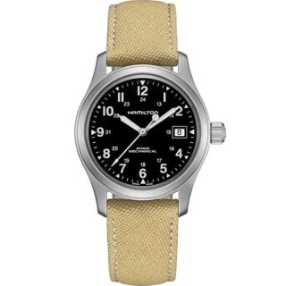 Hamilton Watch Khaki Field Mechanical | Swiss Made | 38mm Stainless Steel Case | Black Dial Analog Watch | Beige Canvas Strap (Model: H69439933)