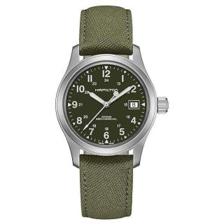 Hamilton Watch Khaki Field Mechanical | Swiss Made | 38mm Stainless Steel Case | Green Dial Analog Watch | Green Canvas Strap (Model: H69439363)