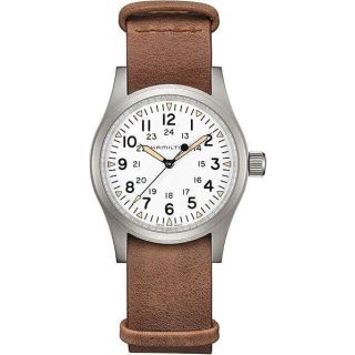 Hamilton Watch Khaki Field Mechanical | Swiss Made | 38mm Stainless Steel Case | White Dial Analog Watch | Brown Leather NATO Strap (Model: H69439511)