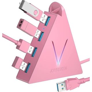 JoyReken 4-Port USB 3.0 Hub, FlyingVHUB Vertical Data USB Hub with 2 ft Extended Cable, for Mac, PC, Xbox One, PS4, PS5, iMac, Surface Pro, XPS, Laptop, Desktop, Flash Drive, Mobile HDD(Pink)