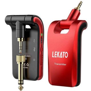 LEKATO 2.4GHz Wireless Guitar System 6 Channels Rechargeable Wireless Transmitter Receiver for Guitar Bass, Guitar wireless System, Stereo and Mono 1/4” &amp; 1/8” 2 in 1 Plugs (Black&amp;Red)