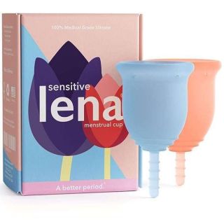 Lena Sensitive Menstrual Cups - Soft &amp; Reusable for Light &amp; Heavy Flow, Beginner-Friendly, Tampon, Period Underwear &amp; Pad Alternative - Small and Large 2-Pack - Blue and Coral