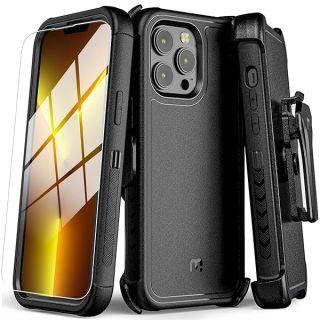 M MYBAT PRO Shockproof Maverick Series Case for iPhone 13 Pro Case with Belt Clip Holster and Tempered Glass, 6.1&amp;quot; Heavy Duty Military Grade Drop Protective Case with 360° Rotating Kickstand-Black