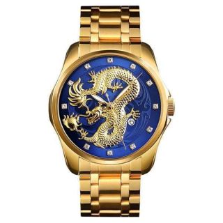 Men Luxury Gold Chinese Dragon Carved Dial Diamond Quartz Watch Casual Waterproof Sport Stainless Steel Wristwatch