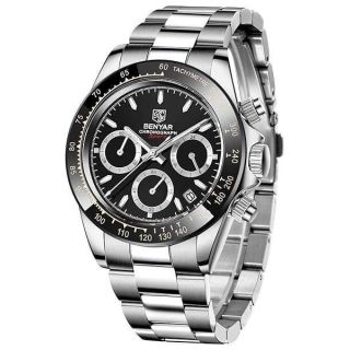 Men&amp;#039;s Watch BENYAR Quartz Movement Wrist Watch Analog Chronograph Business Waterproof and Scratch Resistant Stainless Steel Strap Leisure Sports Watches for Men （Silver Black）