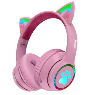 Mokata Headphones Cat Ear Wireless Bluetooth 5.3 60H Over Ear, 8H with Led Light Foldable Music Gaming Headset with Aux 3.5mm Mic for Game TV Pad Tablet Laptop Cellphone Pink