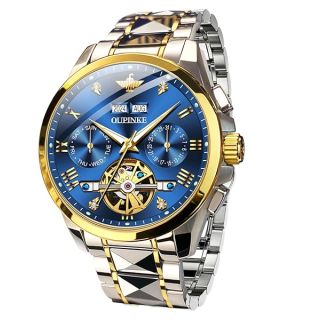 OUPINK Watches for Men Luxury Automatic Mechanical Tungsten Steel Casual Waterproof Sapphire Calendar Blue