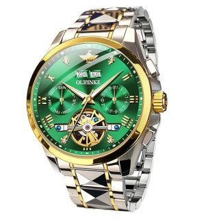 OUPINKE Men Watch Green Face Automatic Mechanical Tungsten Steel Luminous Luxury Waterproof Tourbillon Calendar