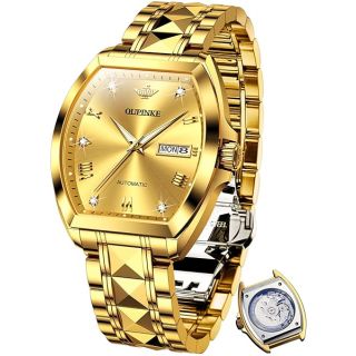 OUPINKE Mens Automatic Watches Luxury Gold Self Winding Mechanical Tonneau Diamond Business Dress Wrist Watches Sapphire Crystal Tungsten Steel Waterproof Luminous