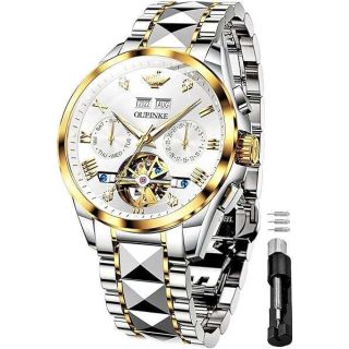 OUPINKE Mens Watches Wrist Watch Men&amp;#039;s Automatic Luxury Luminous Diamond Skeleton Mechanical White Classic Dial Self Winding Waterproof Calendar Tungsten Stainless Steel Big Face Male