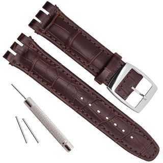 OliBoPo Alligator Grain Cow Leather Stainless Steel Buckle Watch Band Strap for Swatch (19mm, Brown)