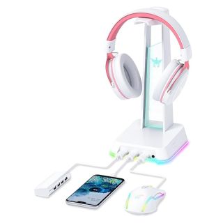 PHNIXGAM RGB Headphone Stand with 3.5mm AUX and 3 Port USB 2.0 Hub, Universal Gaming Headset Hanger Holder for Computer Gaming Gamer Accessories (White)