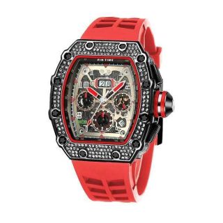 PINTIME Mens Bling Punk Chronograph Watch Iced Out Diamond Designer Watch Unique Fashion Style Quartz Sports Wristwatch Silicone Leather Band