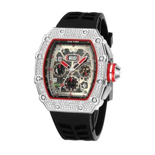 PINTIME Mens Bling Punk Chronograph Watch Iced Out Diamond Designer Watch Unique Fashion Style Quartz Sports Wristwatch Silicone Leather Band