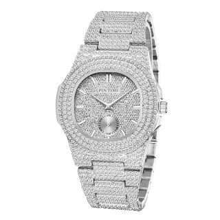 PINTIME Mens Hip Hop Icey Watch Oblong Iced Out Sub-dial Wristwatch CZ Crystal Fashion Bling Jewlery Watch Unisex