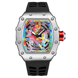 PINTIME Mens Luxury Tonneau Fashion Hallow Punk Graffiti Art Dial Hip-hop Unique Sports Wrist Watch Japanese Movement Luminous Design with Rubber Band