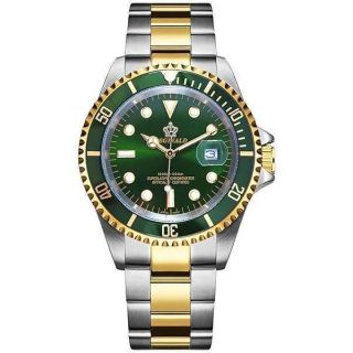 Reginald Men Gold Watch GMT Rotatable Bezel Waterproof Sapphire Stainless Steel Date Quartz Green Watches (Gold/Green)