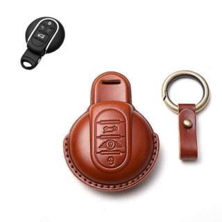 SANRILY Key Cover Fit for Mini Cooper 2016-2021 Clubman Countryman Hardtop Convertible Keyless Entry Remote Key Protector Case Leather Key Ring Holder Brown