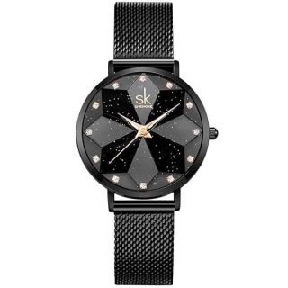 SHENGKE SK Creative Design Starry Star Women Watch with Genuine Leather Stainless Steel Mesh Band (Starry-MESH Band-Black)