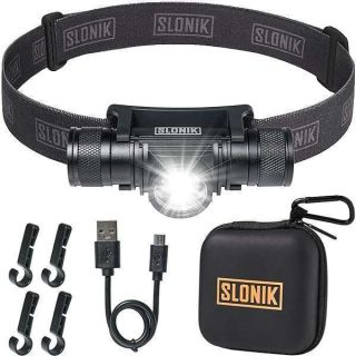 SLONIK Rechargeable Headlamp Flashlight - 500 Lumens Ultra Bright Headlight - IPX8 Waterproof Head Lamp Light for Outdoor Running, Hiking Gear, Hard Hat Helmet - Camping Accessories for Adults, Black