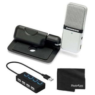 Samson Go Mic Portable Clip-on USB Condenser Microphone (Titanium)- USB 2.0 Hub with Individual LED lit Power Switches + Cleaning Cloth – Deluxe Bundle Great for Podcasting and Field Recording