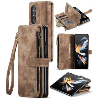 Samsung Galaxy Z Fold 4 5G Wallet Case with Card Holder Kickstand Magnetic Zipper Pocket Lanyard Strap Wristlet,Leather Flip Case Wallet for Samsung Galaxy Z Fold 4 5G (Brown)