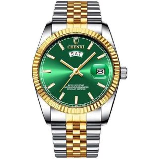 Stainless Steel Business Watch for Men Casual Date Weekly Light Waterproof Sports Analog Quartz Watch (Green)