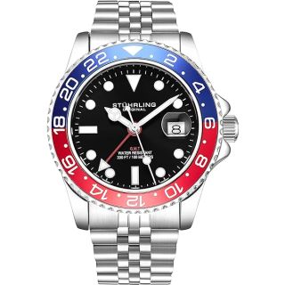 Stuhrling Original Men&amp;#039;s Stainless Steel Jubilee Bracelet GMT Watch Quartz, Dual Time, Quickset Date with Screw Down Crown, Water Resistant up to 10 ATM