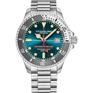 Stuhrling Original Mens Swiss Automatic Stainless Steel Professional DEPTHMASTER Dive Watch, 200 Meters Water Resistant, Brushed and Beveled Bracelet with Divers Safety Clasp and Screw Down Crown