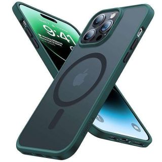 TORRAS Stronger Magnetic for iPhone 14 Pro Case, 12 FT Military Grade Drop Tested, Compatible with MagSafe, Slim Protective Matte Silicone for iPhone 14 Pro Phone Case, Translucent Back/Green Edge