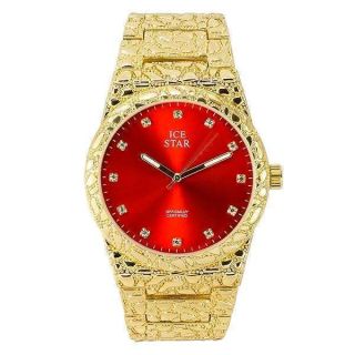 Techno Pave Men&amp;#039;s 45mm Nugget Watch with Diamond Accent Dial - Gold Red Dial