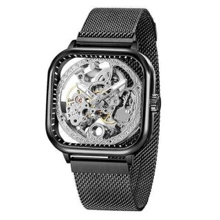 Tiong Retro Men Mechanical Watches Automatic Black Square Case Steampunk Mesh Stainless Steel Strap Dress Watch (GMT1148 Black&amp;White)