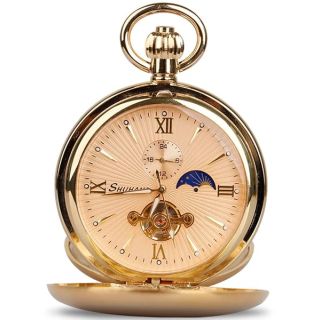 Tourbillon Moon Phase Hand Winding Mechanical Pocket Watch Double Open Gold Case Fob Watch