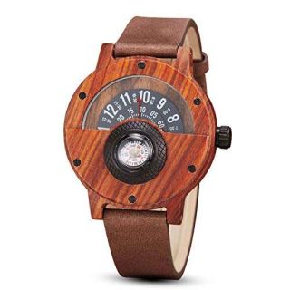 Turntable Wood Watch Men Women Leather Band Quartz Compass Sports Wooden Watch for Men Birthday Gifts