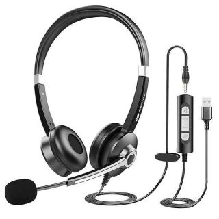 USB Computer Headset with Microphone for Laptop PC,3.5mm Wired Stereo Call Center Headset with Microphone Noise Cancelling, Corded Desktop Headphones with Mic &amp; Mute for Office/Telework/Home/Zoom