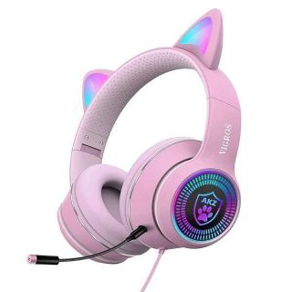 VIGROS Cat Ear Gaming Headphones Wired AUX 3.5mm LED Light, Noise Canceling Game Headphones Stereo Foldable Over-Ear Headsets with Microphone Fit Girls, Kids for PC, PS4, Switch, Xbox, Mobile, Laptop