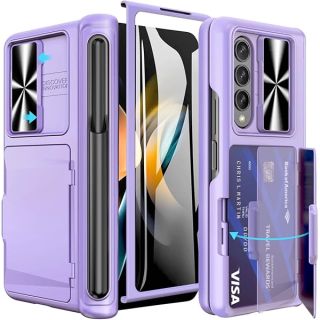 Vihibii for Galaxy Z Fold 4 Case with Card Holder &amp; Sliding Camera Cover, S Pen Holder &amp; Screen Protector &amp; Magnetic Hinge Protection &amp; Kickstand, Hard PC Phone Case for Samsung Z Fold 4 (Purple)