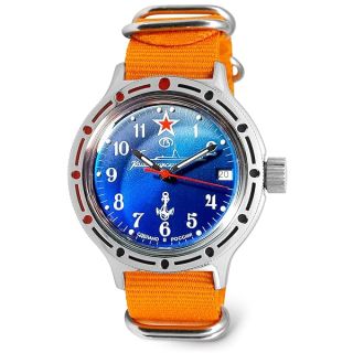 Vostok | Men’s Amphibian Submarine Commander Russian Military Style Diver Watch | WR 200 m | Model 420289 Orange Strap