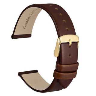 WOCCI 10mm Lug Width, Elegant Watch Band, Genuine Leather Replacement Strap with Gold Buckle (Caramel Brown)