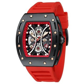 Watches for Men Luxury Skeleton Tonneau Watch for Men Waterproof Adjustable Silicone Strap Steampunk Style Chronograph Calendar Date Business Luminous Cool Large Square Face Wristwatch, Red,