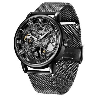 Whodoit Mesh Strap Design Watch Hand-Wind Mechanical Stainless Steel Case Skeleton Watch Watch for Men