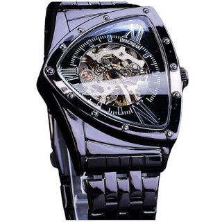 Winner Triangle Skeleton Watch Men&amp;#039;s Automatic Mechanical Luxury Watches Stainless Steel Waterproof Luminous Sports Wristwatch,Black Band Black case Round Inside