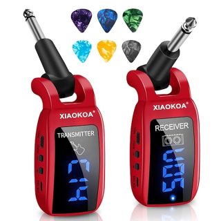 Wireless Guitar System,XIAOKOA UHF Wireless Guitar Transmitter Receiver 164Feet Range with HD LED Screen for Electric Guitar Bass Musical Instruments （Red）