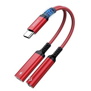 ZOOAUX USB C to 3.5mm Headphone and Charger Adapter,2 in 1 USB C to Aux Audio Jack with PD 60W Fast Charging Dongle Cable Cord for S23/S22/S21 Ultra, iPad Pro,Pixel4 3 XL (Red)