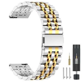 ZPJPPLX Metal Watch Band Replacement,20mm Quick Release Straps for Samsung Galaxy Watch 4/Watch 5 Pro/Garmin Move Trend/Forerunner 158/Venu 2 plus/Venu Sq2/Amazfit GTR3/GTR4 Mini for Men, Silver Gold