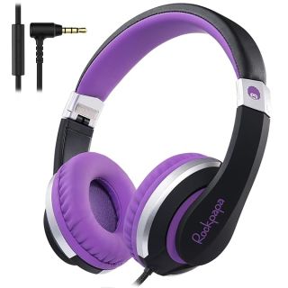 rockpapa HS20 Wired Kids Headphones for School, Foldable Lightweight Boy Girl Headphones with Microphone &amp; 3.5mm Jack for 3-15 Year Old for Airplane Tablet Phones Black Purple