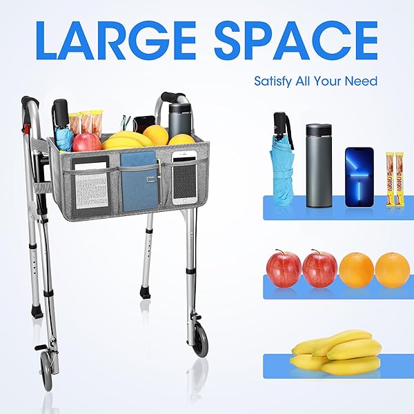 Dotday Walker Basket Foldable Storage Bag with Water Bottle Holder Big Capacity Grey Ideal Gift for Family and Friends Not for Rollator Walkers - Image 4