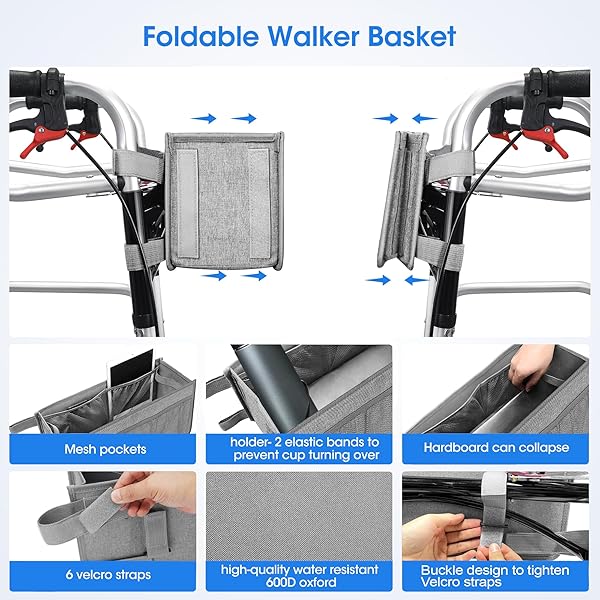 Dotday Walker Basket Foldable Storage Bag with Water Bottle Holder Big Capacity Grey Ideal Gift for Family and Friends Not for Rollator Walkers - Image 7