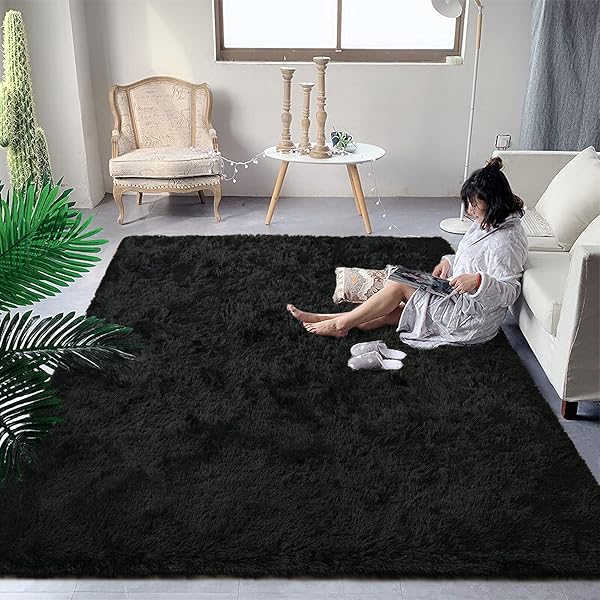 DweIke Fluffy Shaggy Area Rug Black Plush Soft Carpet for Living Room Bedroom Extra Large Non-Slip 6 ft X 9 ft Fuzzy Rug
